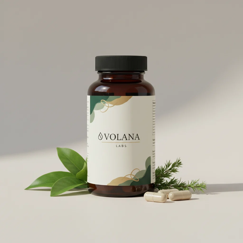 Volana Labs white supplement bottle with green label on a stone surface